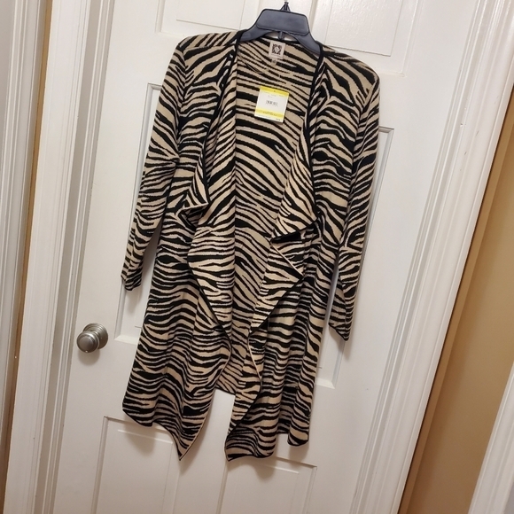 NWT Anne Klein Beige & Black Zebra Print Cascading Open Front Cardigan S… - Picture 6 of 11